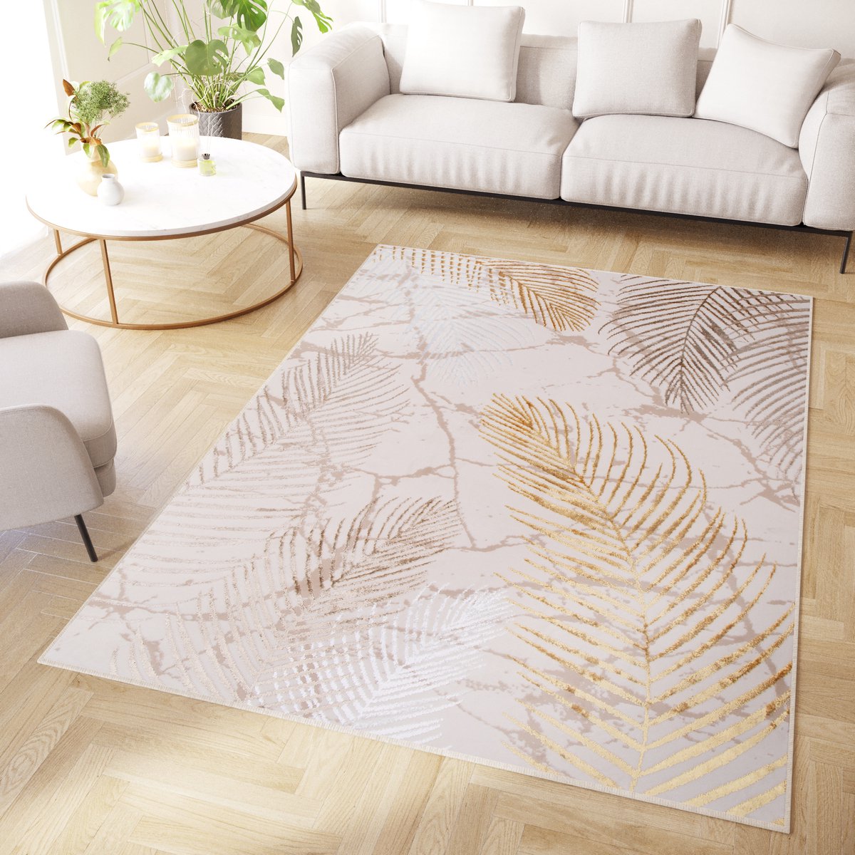 Tapiso Crystal Vloerkleed Beige Goud Cr?®me Bladeren Modern Tapijt Maat- 200x300