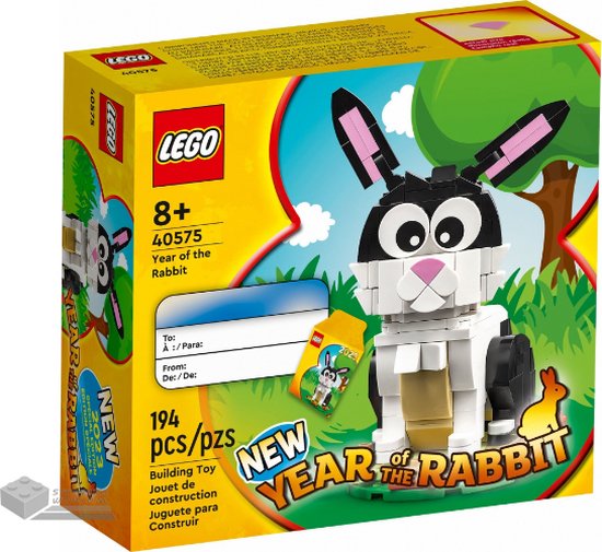 La boîte LEGO "Année du Lapin" avec un lapin LEGO noir et blanc, le texte "Year of the Rabbit" et un arbre.