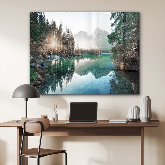 MuchoWow® Peinture sur verre 120x90 cm - Peinture sur verre acrylique - Nature - Arbres - Montagnes - Lac - Photo sur verre - Peintures