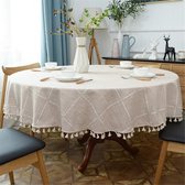 Nappe à carreaux ronde à pompons, nappe en tissu de lin et coton épais pour cuisine, salle à manger, décoration de table, beige, ronde de 200 cm.