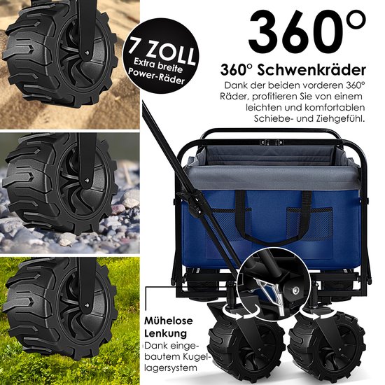 KESSER® Bolderkar opvouwbaar Bolderwagen tot 120 kg draagvermogen - Strandkar Transportkar - Blauw / Grijs van KESSER — afbeelding 3