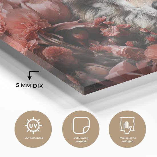 MuchoWow® Peinture sur verre 120x80 cm - Peinture sur verre - Loup - Animal - Fleurs - Botanique - Nature - Fantastique - Photo sur verre acrylique - Peintures
