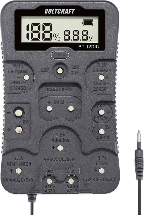 VOLTCRAFT Batterijtester BT-12DIG Meetbereik (batterijtester) 1.2 V, 1.5 V, 3 V, 3.7 V, 6 V, 9 V, 12 V Batterij, Oplaad