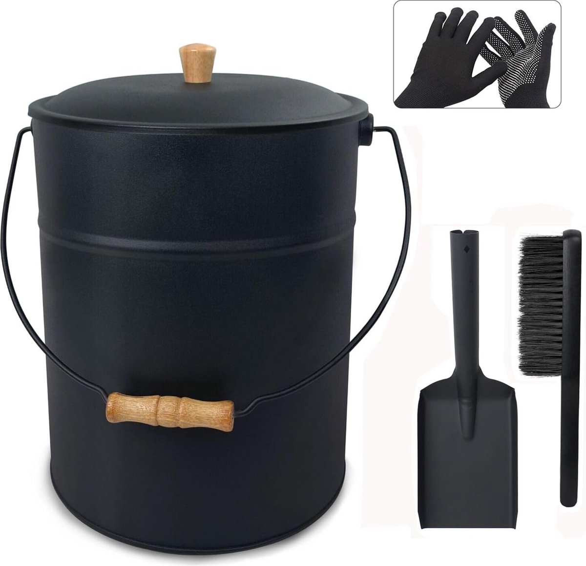 Asemmer met deksel, ronde kolenemmer voor open haarden, 15 l emmer met schep en handbezem, gereedschapsset accessoires voor open haard, vuurplaats, houtkachel