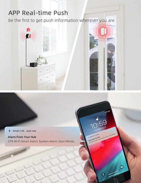CPVAN Alarm systeem voor huis, deur/raam, thuisbeveiliging, wifi-alarm met telefoon-app, 13-pakket (alarmhub, 8 deursensoren, 2 afstandsbedieningen, 2 RFID-kaarten), werkt met