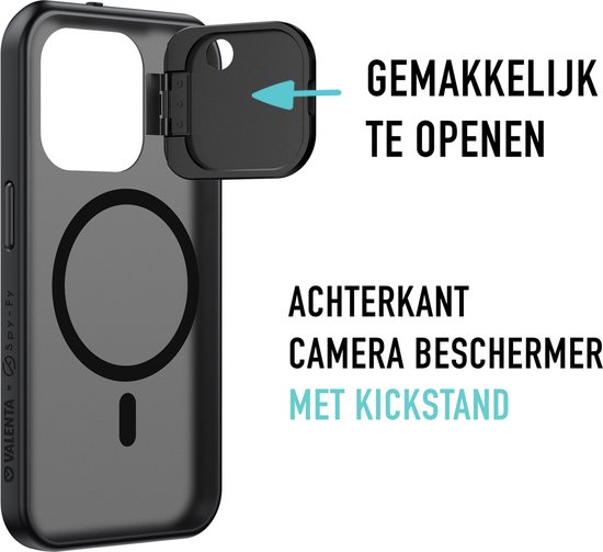 Valenta x Spy-Fy - Coque iPhone 15 Pro avec caches d'appareil photo à l'avant et à l'arrière | Protège votre vie privée et vos Caméras | Valenta Étui de confidentialité Smokey Zwart
