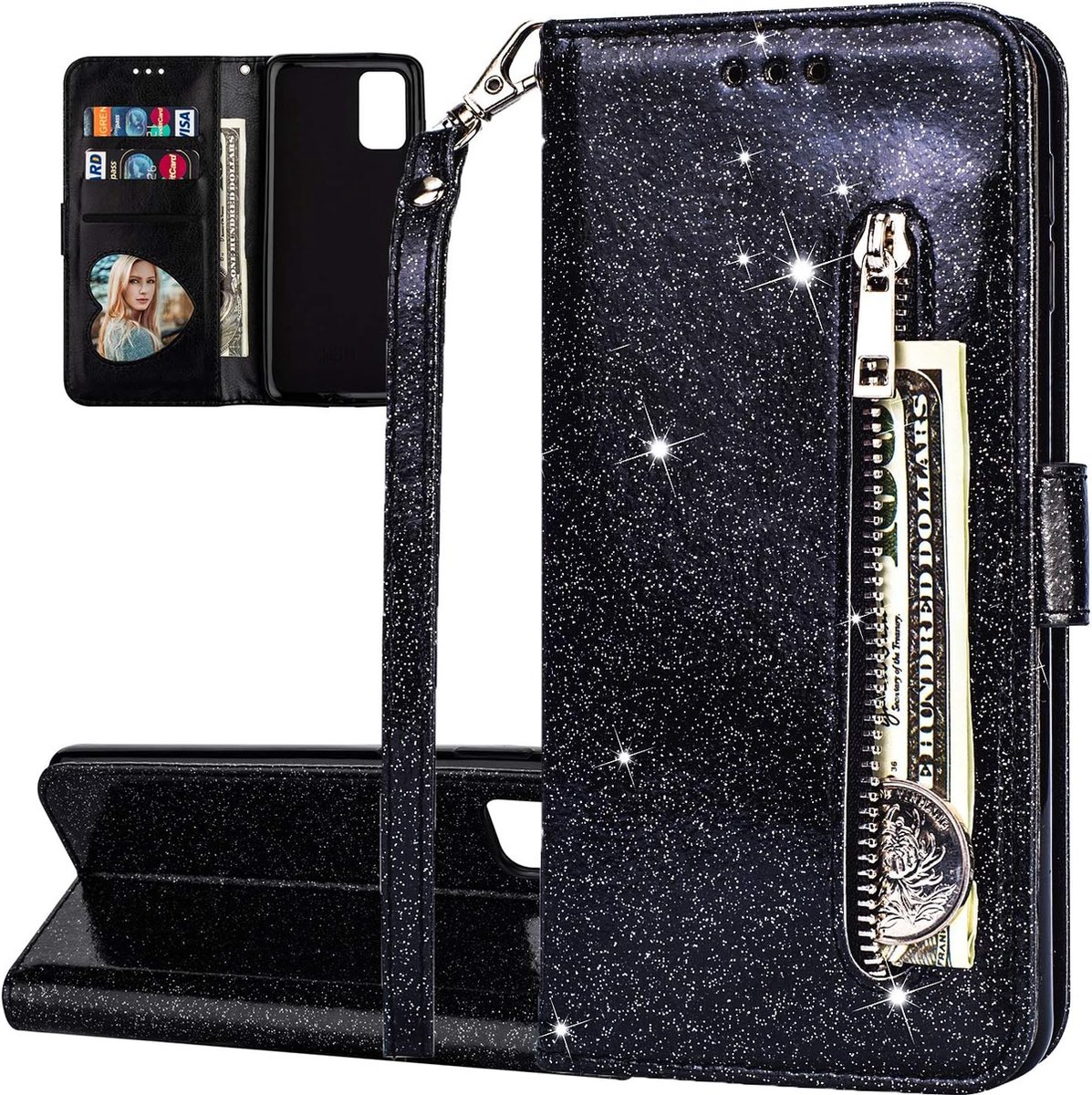 Portemonne hoesje voor Samsung Galaxy A21s - bling glitter Bookcase met ritsvak en kaarthoudersleuf - beschermhoesje voor Samsung Galaxy A21s - zwart