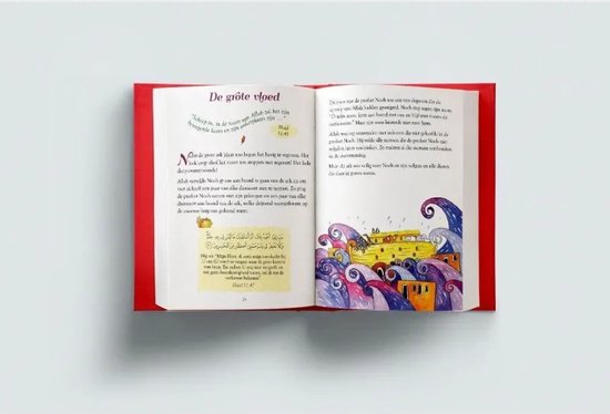 Open boek met pagina's over de grote vloed, illustraties van Noach en golven.