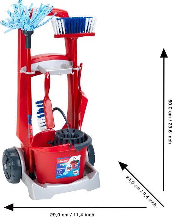 Klein Toys Vileda bezemwagen - vloerwisser, emmer met opzetstuk, bezem, stoffer en blik - kwalitatief hoogwaardig kunststof - rood blauw - Klein