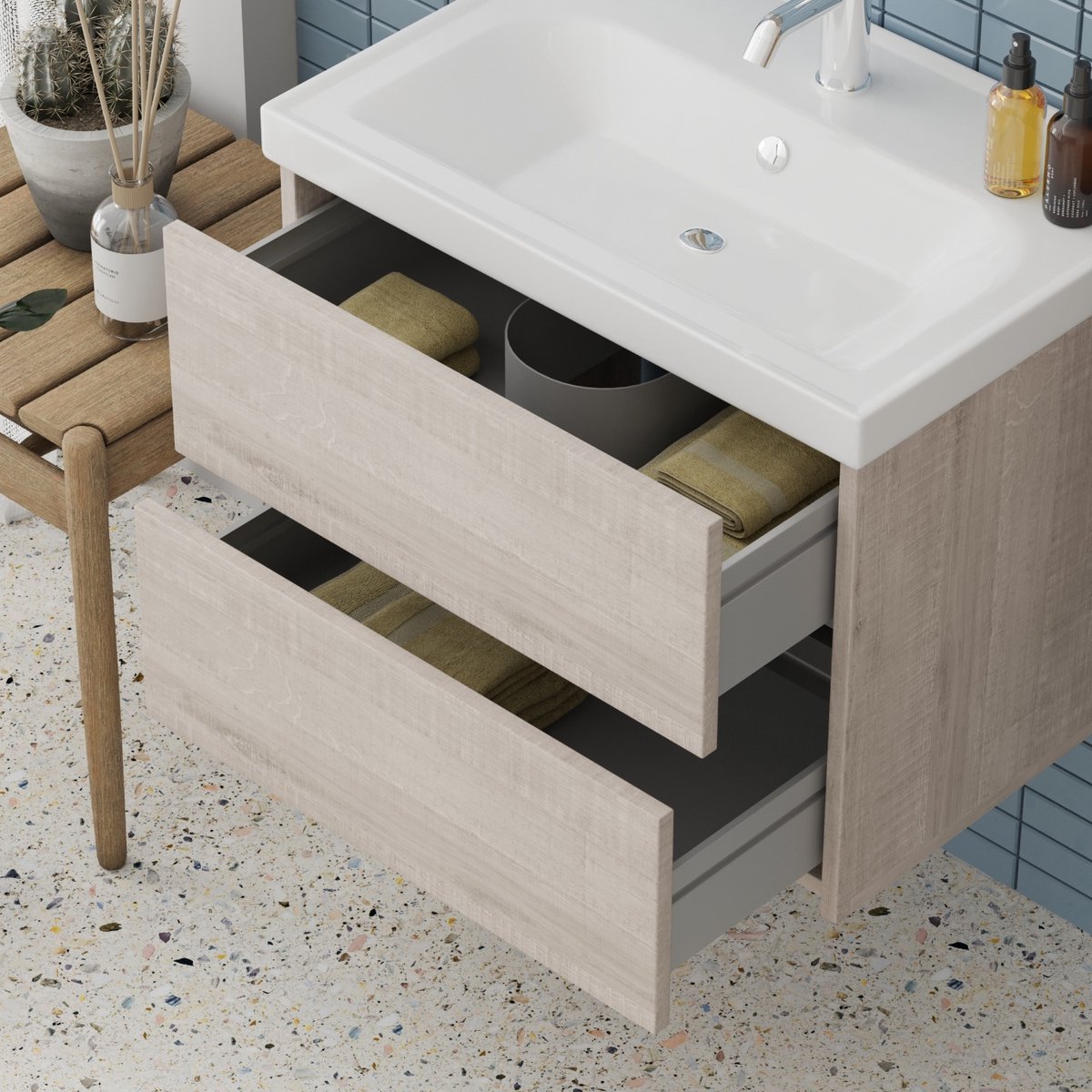 Jena Badkamermeubel Set 65 cm Lissabon – Greeploos, Softclose 2 Lades, Keramische Wastafel
