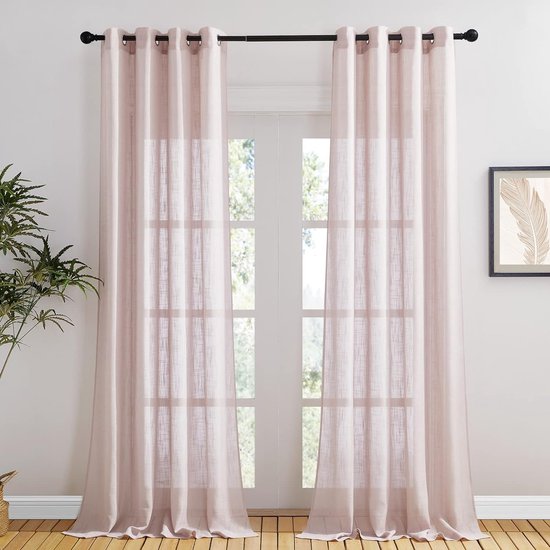 PONY DANCE Set of 2 Linen-Look Curtains, Semi-Transparent, Sunlight Filtering, Decorative Curtains with Eyelets, for the Living Room, H 240 x W 132 cm, Antique Pink