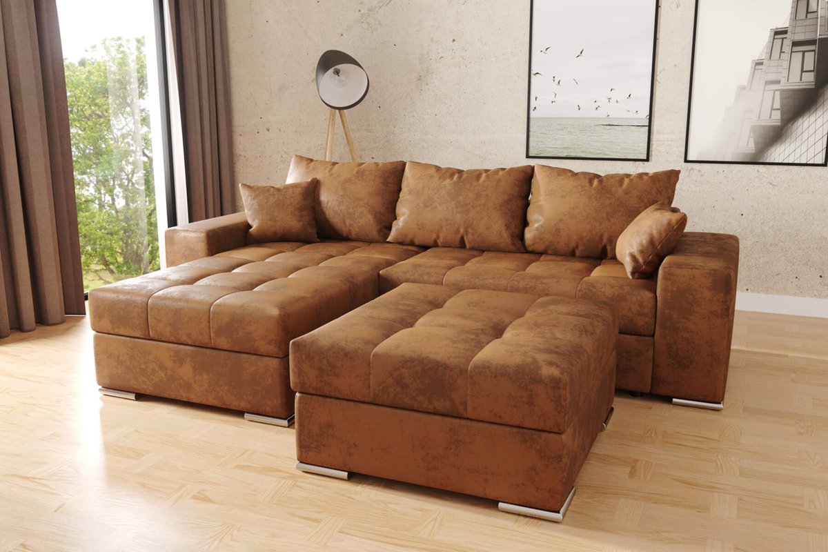 hoekbank josua L + poef- vintage bruin- met opbergruimte en slaapfunctie- seatsandbeds