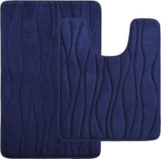 Badmatset, 2-delig, traagschuim, wc-mat met uitsparing, absorberend, antislip, wasbaar, 2-delig, marineblauw