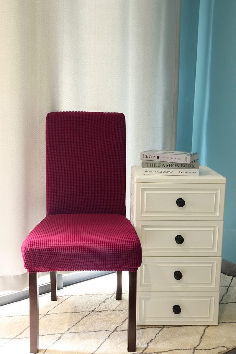Set van 4 stretch eetkamerstoelhoezen Jacquard Spandex Dining Parsons Chair Slipcover afneembare wasbare stoelbeschermer stoelhoes voor eetkamer bruiloft banket (Wijnrood)