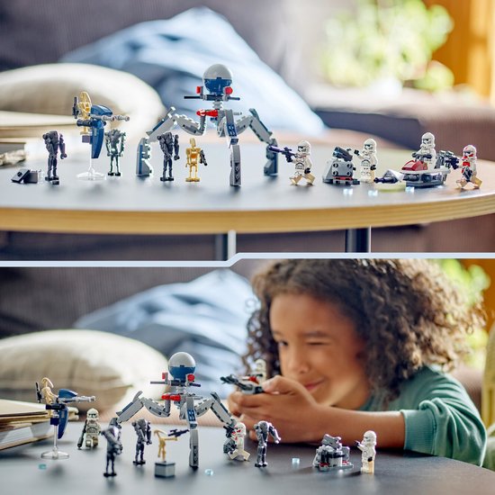 Bovenaan: LEGO Star Wars speelgoed op tafel. Onderaan: een kind speelt ermee. Figuren: 3 witte Clone Troopers, 3 zandkleurige en 4 grijze Battle Droids, spin-mech.