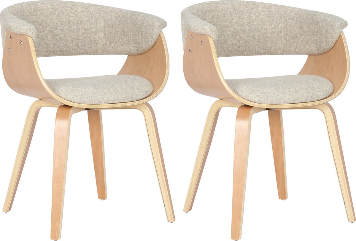 CLP Bruce Set van 2 Eetkamerstoelen - Met armleuning - Hout frame - Stof/natura/creme