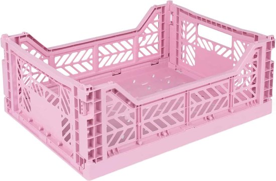 Roze opvouwbare krat, weergave van de zijkant.