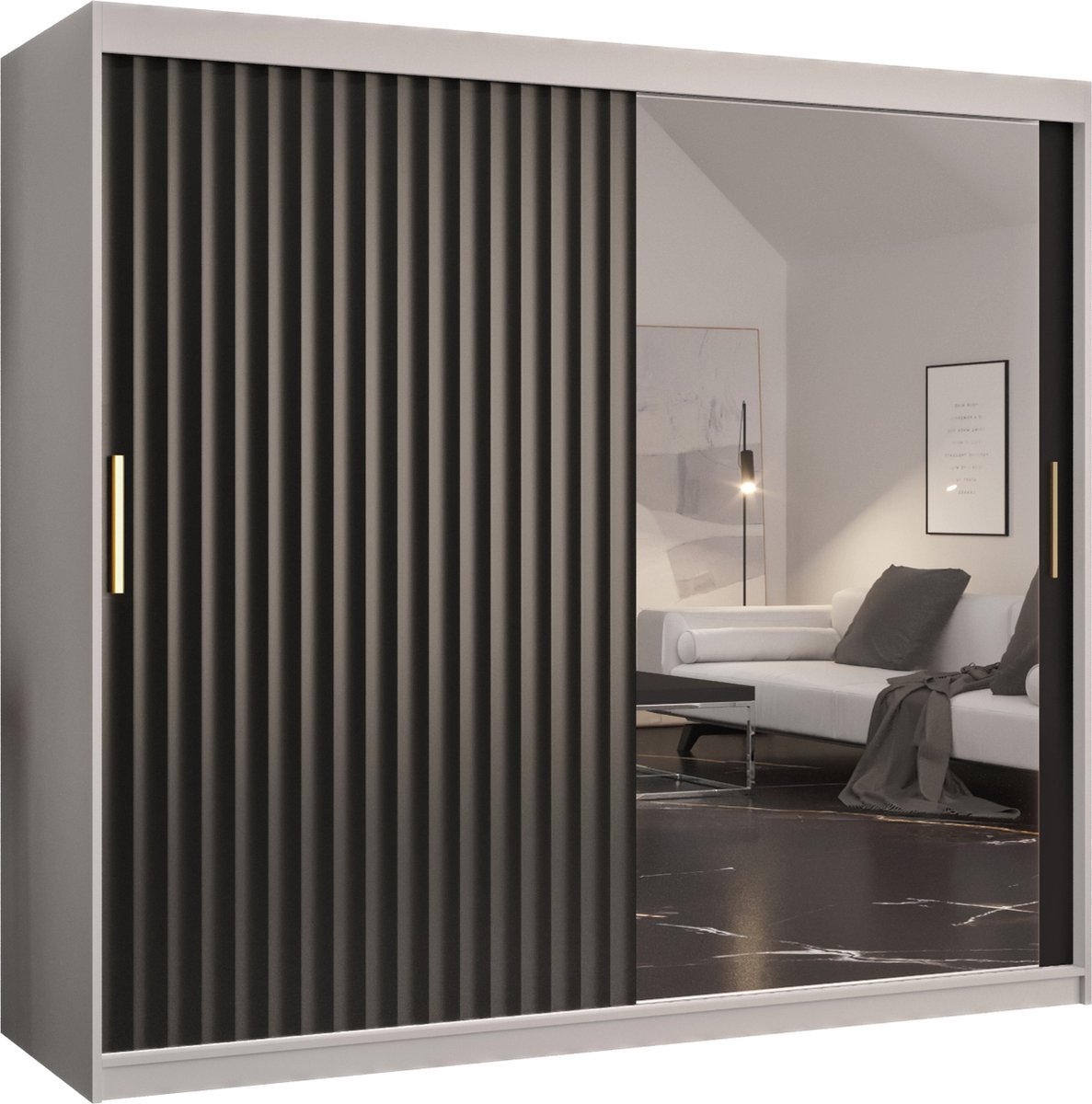 Zweefdeurkast met spiegel Kledingkast met 2 schuifdeuren Garderobekast slaapkamerkast Kledingstang met planken (LxHxP): 200x200x62 cm - Rikid W2 (Wit + Zwart, 200)