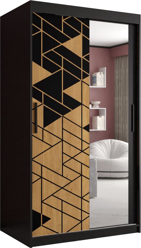 Zweefdeurkast met spiegel Kledingkast met 3 schuifdeuren Garderobekast slaapkamerkast Kledingstang met planken (LxHxP): 100x200x60 cm - Salamon II (Zwart, 100)