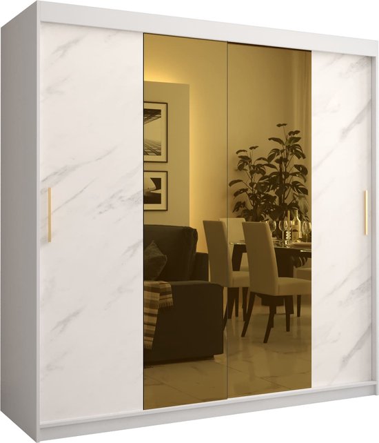 KIER FURNITURE Schuifkast LAMARO Met Spiegel Kledingkast Slaapkamer Slaapkamerkast Kledingkasten 200x205x59cm Wit Eiken Ambachtelijk Goud 2354038878
