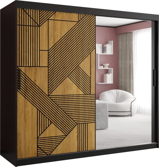 Zweefdeurkast met spiegel Kledingkast met 3 schuifdeuren Garderobekast slaapkamerkast Kledingstang met planken (LxHxP): 200x200x62 cm - Lora II (Zwart, 200)