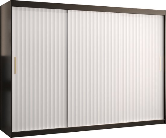 Zweefdeurkast Kledingkast met 3 schuifdeuren Garderobekast slaapkamerkast Kledingstang met planken (LxHxP): 250x200x62 cm - Rikid W1 (Zwart + Wit, 250) met lades