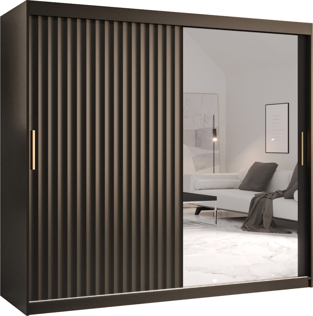 Zweefdeurkast met spiegel Kledingkast met 3 schuifdeuren Garderobekast slaapkamerkast Kledingstang met planken (LxHxP): 200x200x62 cm - Rikid W2 (Zwart, 200)