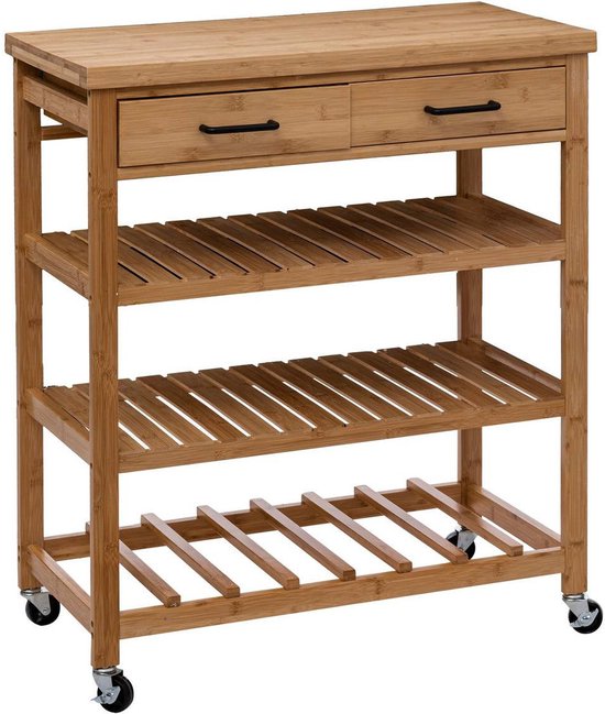 HOMCOM Keukentrolley met lade, kast, open planken, serveerwagen, opbergwagen met handdoekhouder, glazen tafelblad, bamboe, natuurlijk, 84 x 36 x 85 cm