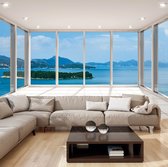 Fotobehangkoning - Behang - Vliesbehang - Fotobehang - Uitzicht op het Meer vanuit het Raam 3D - 100 x 70 cm