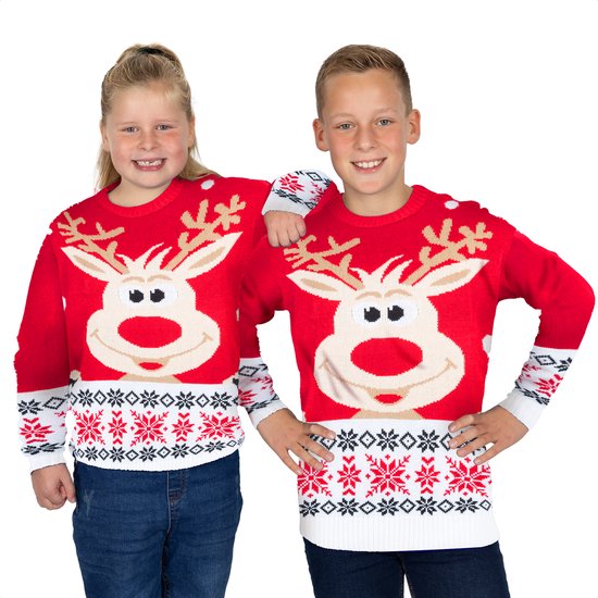 Foute Kersttrui Kinderen - Jongens & Meisjes - Christmas Sweater "Rudolf" - Maat 158-164 - Kerstcadeau