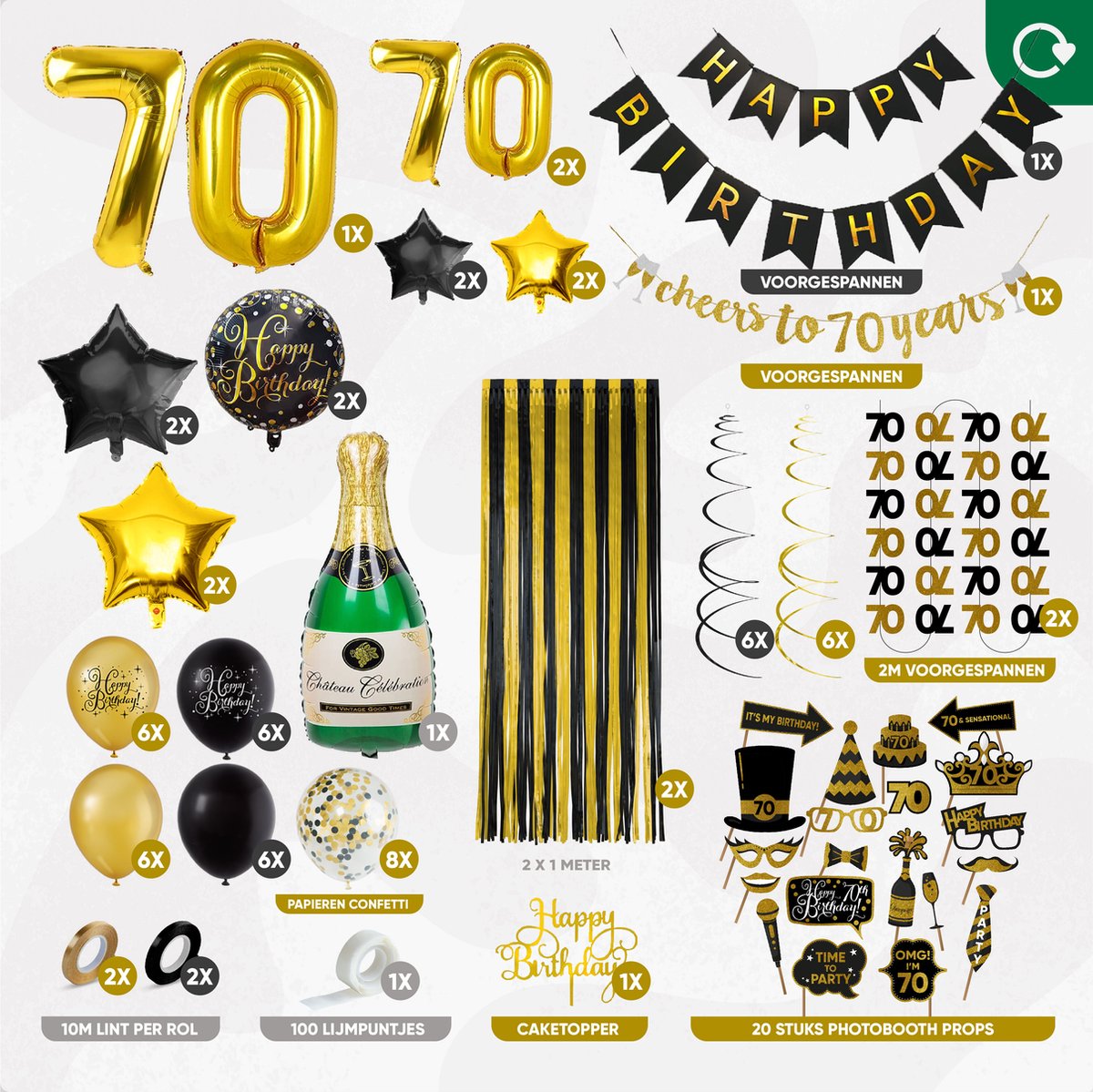 Fissaly 70 Jaar Verjaardag Decoratie Versiering - Ballonnen – Jubileum Man & Vrouw - Zwart en Goud — afbeelding 2
