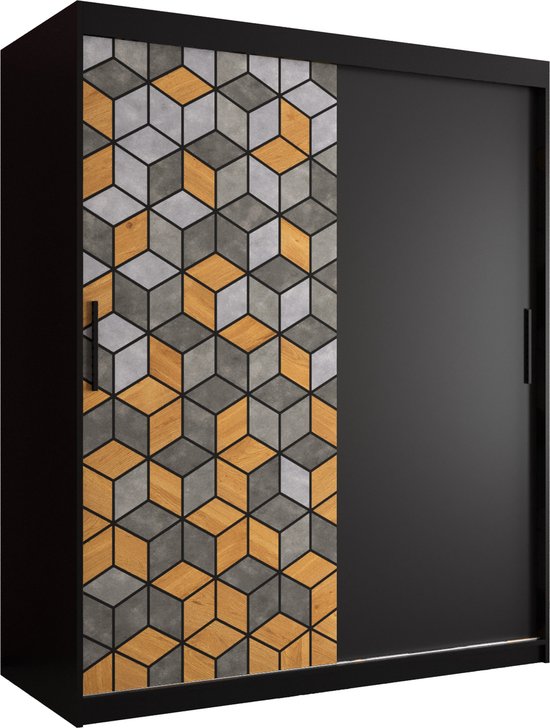 Zweefdeurkast Kledingkast met 2 schuifdeuren Garderobekast slaapkamerkast Kledingstang met planken (LxHxP): 150x200x62 cm - LITAI (Zwart en geometrische patronen, 150)