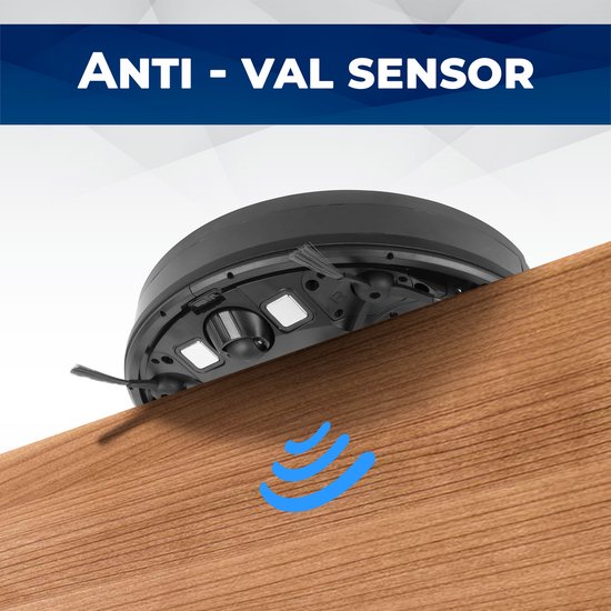Zwarte robotstofzuiger met anti-val sensor aan de rand van een houten plank.