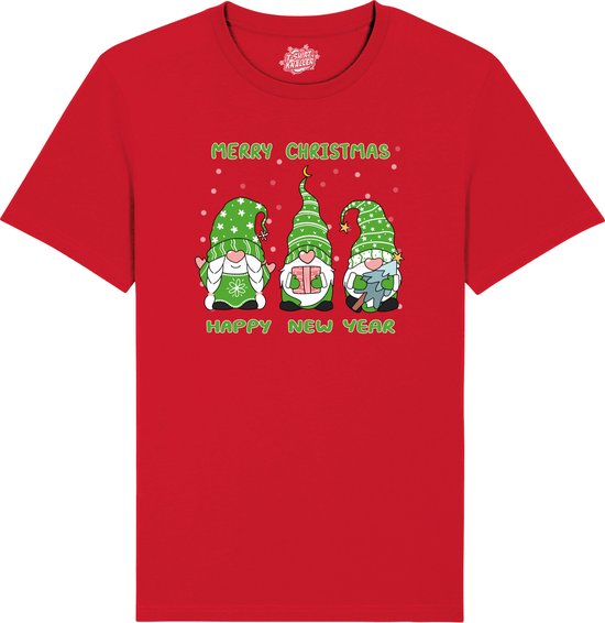 Christmas Gnomies Groen - Foute kersttrui kerstcadeau - Dames / Heren / Unisex Kerst Kleding - Grappige Feestdagen Outfit - Unisex T-Shirt - Rood - Maat 3XL
