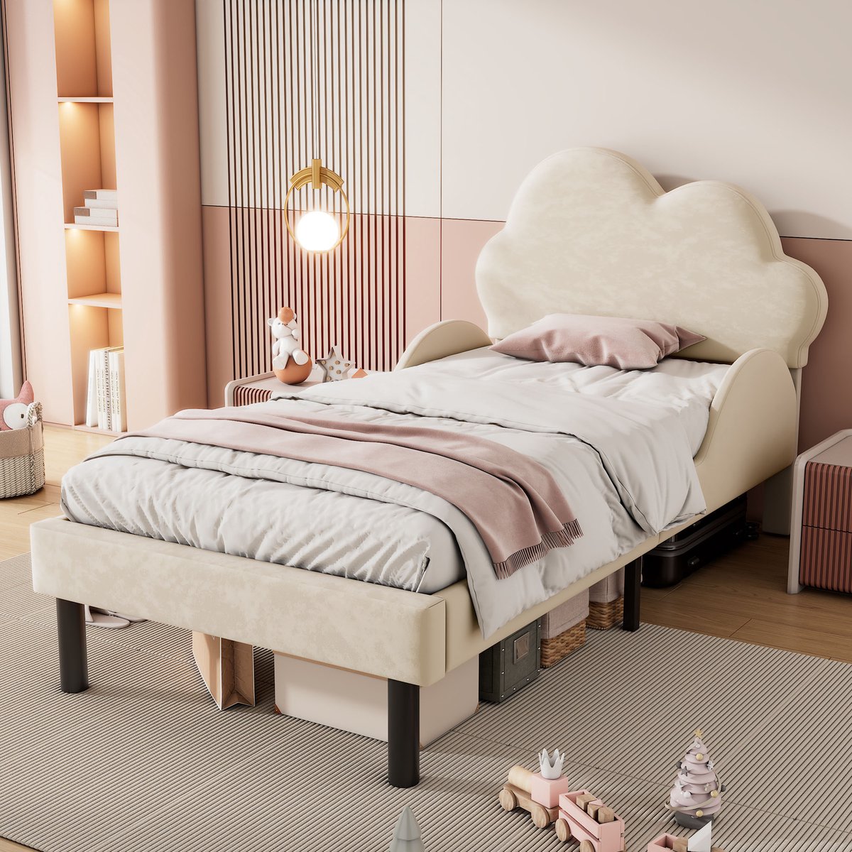 Luxe fluweelzacht gestoffeerd bed - met wolkenhoofdeinde - gebogen zijhekken en grote opbergruimte - eenpersoonsbed 90x200cm beige