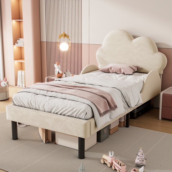 Luxe fluweelzacht gestoffeerd bed - met wolkenhoofdeinde - gebogen zijhekken en grote opbergruimte - eenpersoonsbed 90x200cm beige