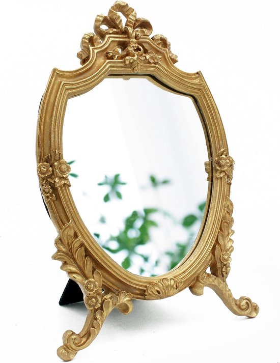 Dekoratieve wandspiegel, antieke goudkleurige harsen frame, make-up spiegel, tafelspiegel, voor slaapkamer, woonkamer, dressoir, decoratie, 21,6 x 33 cm (B x L)