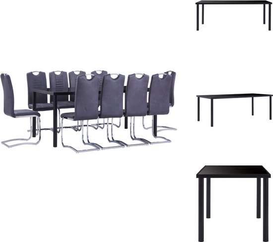 vidaXL Eetkamerset - - Eettafel 200x100x75cm - Zwart Gehard Glas en Metaal - 10 Grijze Eetkamerstoelen - Kunstsuède - Montage Vereist - Set tafel en stoelen
