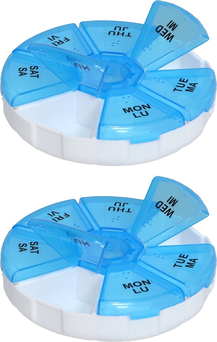Gerimport Medicijnen doosje/pillendoosje - 2x - 7-vaks - blauw - geschikt voor 7 dagen