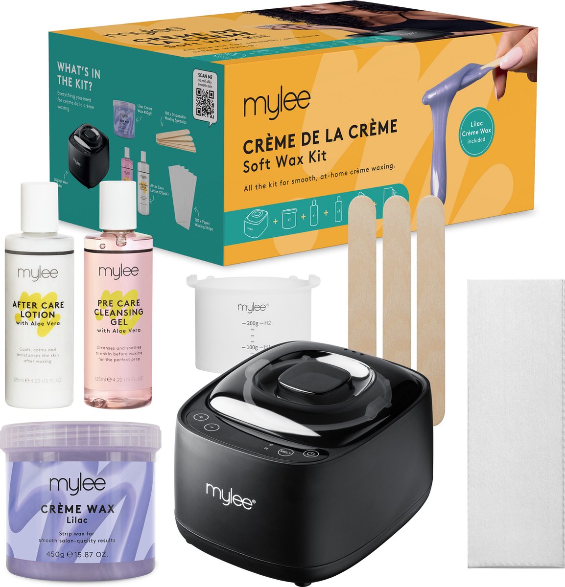 Mylee Creme de la creme Waxset - complete professionele wax set voor zijdeachtige gladde huid, inclusief digitale washarder, lila zachte crème was, papierstroken, wax spatules, pre & na zorggel