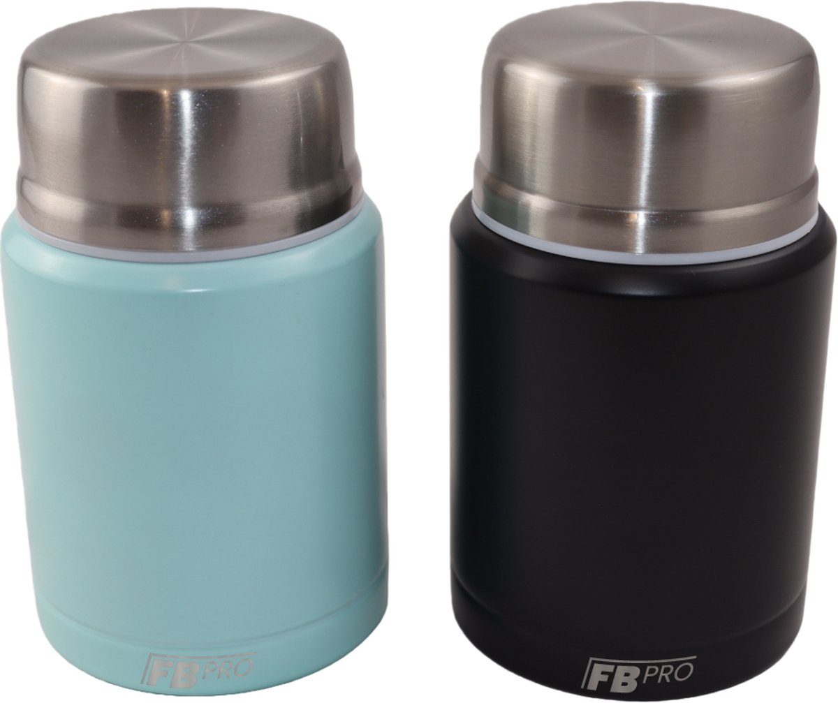 Voedselcontainer voor hem en haar compacte thermosbeker thermos container lichtblauw en zwart thermoskan voor eten en drinken RVS lepel inbegrepen ook voor soep koffie en meer! overal eten warmhouden lunchbox voor iedereen