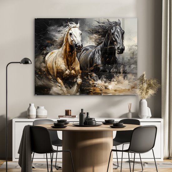 MuchoWow® Peinture sur verre 120x90 cm - Peinture sur verre acrylique - Paarden - Zwart - Wit - Animaux - Photo sur verre - Décoration murale salon - Décoration murale chambre - Peintures