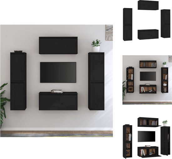 vidaXL Televisiekast - zwart - massief grenenhout - 4x30x30x60 cm - 2x80x30x35 cm - Kast