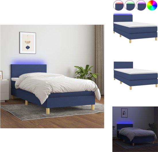 vidaXL Boxspring bed - 203 x 100 cm - Blauw stof - Verstelbaar hoofdbord - LED-verlichting - Pocketvering matras - Huidvriendelijk topmatras - Bed