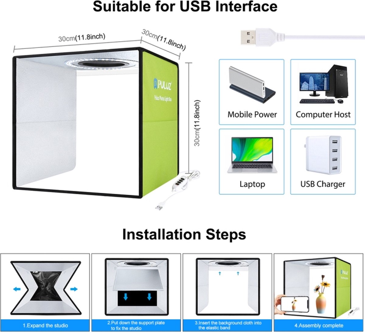 Studio Set Fotografico Portatile Grande 30cm Light Box Con Luci Led 2  Sfondi 