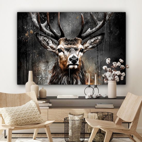 Tableau toile 120x80 cm - Cerf noir - Accessoires décoration chambre - Peintures salon tête de cerf - Décoration murale tête d'animal chambre - Décoration murale cuisine - Toile murale intérieur - Décoration maison