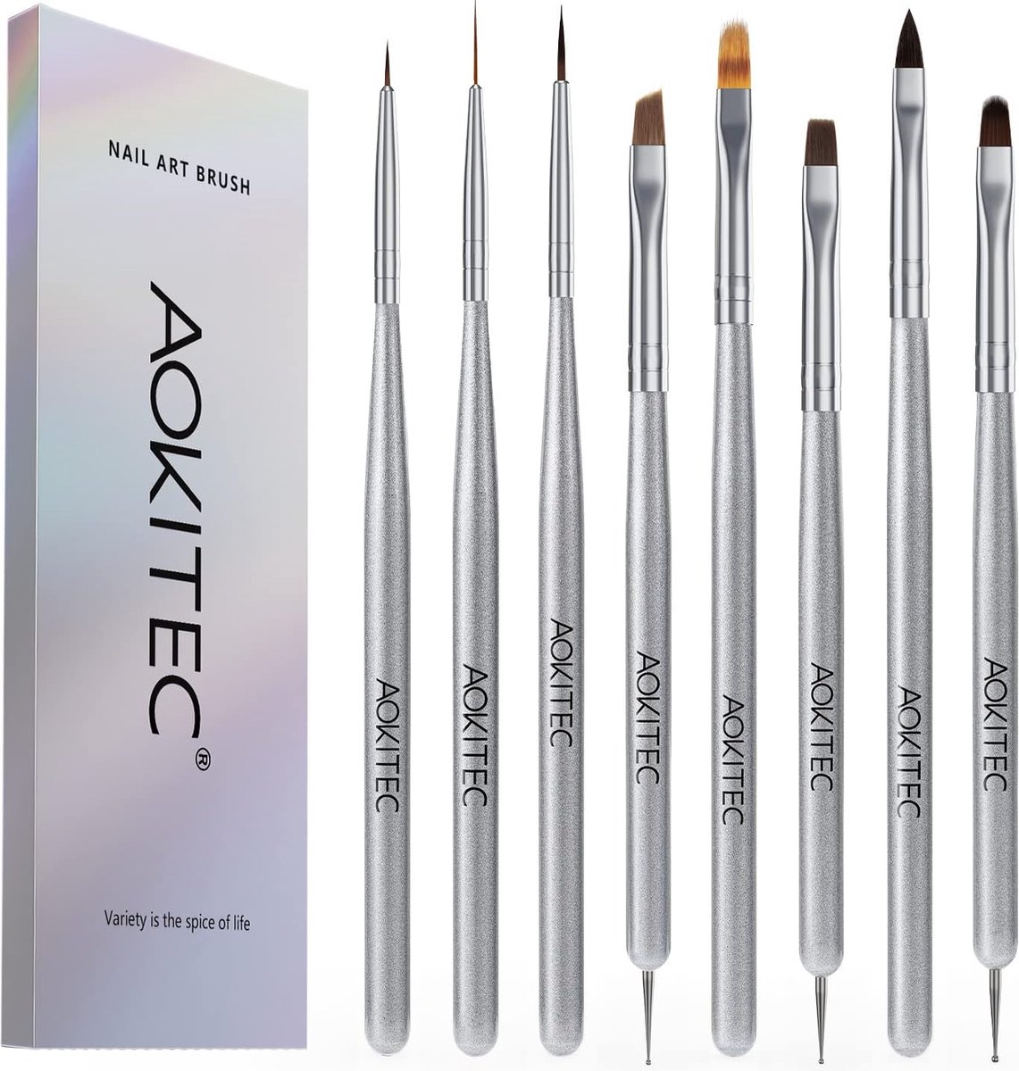 Merkloos 8 Stuks Nagel Borstel Kit ，Aokitec Acryl-nagelborstel Nagelkunst Borstel Set Gel Borstel Diamant Pen En Liner Kwasten Nail Art Design Borstels Tool Voor Diy Thuis Nagel Salon