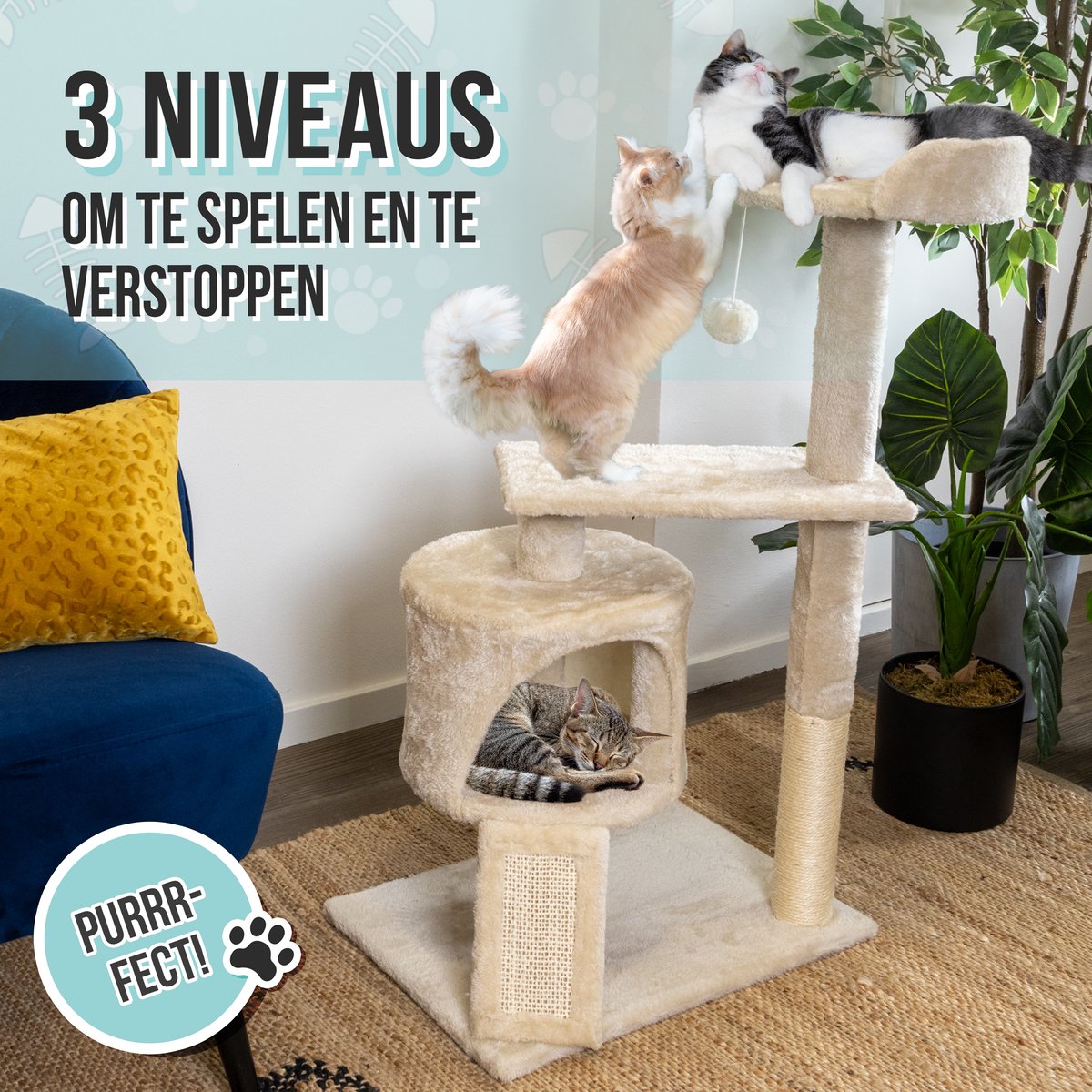 Krabpaal voor Katten - Kattenmand & Kattenspeelgoed - 3 Niveaus - Sisal Touw - 50 x 35 x 88 cm - Krabplank - Krabmat - Kattenhuis - Kattenbed - Kattenpaal - Krabton - Kattenmeubel - Kattentoren - Kattenspeeltjes - Kattenboom - Beige - PetVille – foto 4