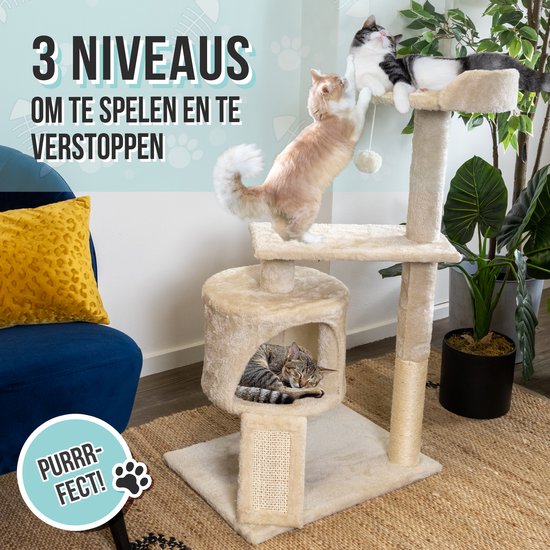 Arbre À Chat - Panier Et Jouets Pour Chat - 3 Niveaux - Corde En Sisal - 50 X 35 X 88 Cm - Planche À Gratter - Tapis À Gratter - Maison Pour Chat - Lit Pour Chat - Poteau À Chat - Griffoir - Meuble Pour Chat - Tour À Chat - Jouets - Beige - Petville