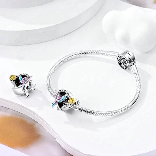 Fler® | Charme pour Bracelet Pandora | Colibri, Charme Colibri | Charme suspendu Charm | Argent sterling 925 | Zircone cubique transparente | Émail violet, bleu et jaune | Multicolore | Bracelet Perle | Amitié, cadeau d'anniversaire, cadeau, cadeau